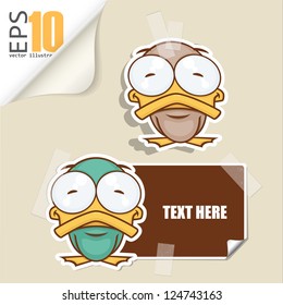 Set of message card with cartoon duck and paper duck fixed with sticky tape. Vector illustration.
