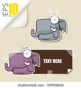 Set of message card with cartoon elephant and paper bear fixed with sticky tape. Vector illustration.