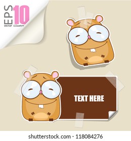 Set of message card with cartoon hamster and paper hamster fixed with sticky tape. Vector illustration.