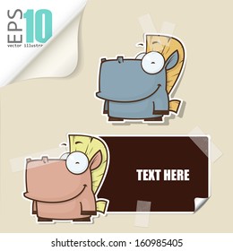 Set of message card with cartoon horse and paper horse fixed with sticky tape. Vector illustration.