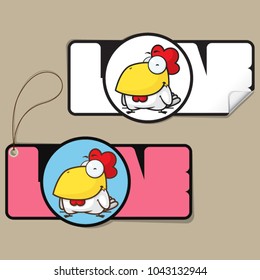 Set of message card with cartoon rooster and paper rooster fixed with sticky tape. Vector illustration.