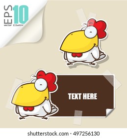 Set of message card with cartoon rooster and paper rooster fixed with sticky tape. Vector illustration.
