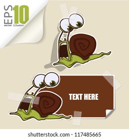 Set of message card with cartoon snail and paper snail fixed with sticky tape. Vector illustration.