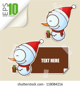 Set of message card with cartoon snowman and paper snowman fixed with sticky tape. Vector illustration.