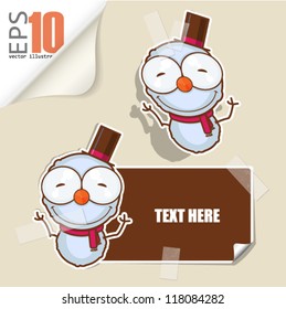 Set of message card with cartoon snowman and paper snowman fixed with sticky tape. Vector illustration.