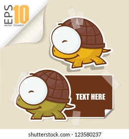 Set of message card with cartoon turtle and paper turtle fixed with sticky tape. Vector illustration.
