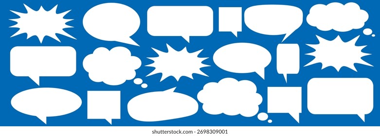 Satz von Meldungskommentar-Chatboxen auf blauem Hintergrund. Sammlung von Sprechblasen, Textfeldern und Chatfeldern. Comic-Sprechblasen-Vektorsatz.