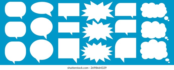 Set of message comment chat boxes on a blue background. Collection of speech bubbles, text boxes, and chat boxes. Comic speech bubble vector set.