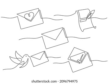 Set of message - continuous line drawing. Envelope, letter, scroll on white background. Vector illustration