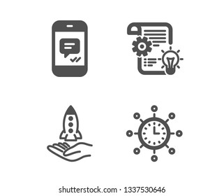 Set of Message, Crowdfunding and Cogwheel icons. World time sign. Phone messenger, Start business, Idea bulb. Measurement device.  Classic design message icon. Flat design. Vector