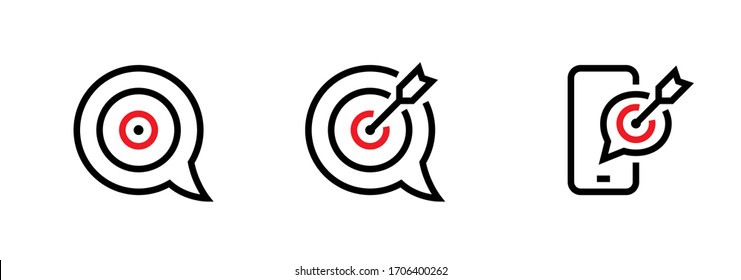 Conjunto de objetivos de mensaje, objetivo y objetivo personal. Vector de línea editable. Símbolo de globo estilizado, signo de burbuja en forma de propósito, smartphone y logotipo con una flecha. Pictograma de grupo.