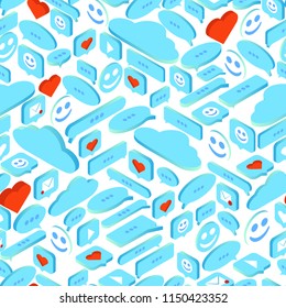 set of message icons and social networks on a white background. seamless pattern. isometry 3d