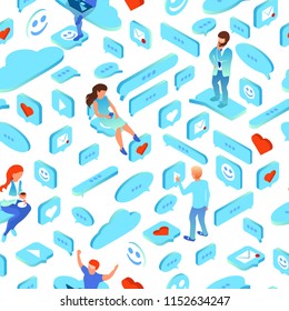 set of message icons and social networks on a white background. seamless pattern. isometry 3d
