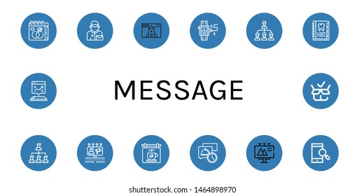 Set of message icons such as Wedding day, Postman, Website, Smartwatch, Network, Agenda, Connection, Billboards, Signboard, Message, Billboard, Smartphone, Mobile, Packed , message