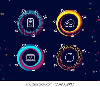 Set of Message, Internet downloading and Dating icons. Full rotation sign. Phone messenger, Load data, Love messenger. Refresh or reload.  Circle banners with line icons. Gradient colors shapes