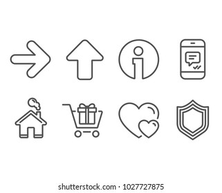 Set of Message, Next and Shopping cart icons. Hearts, Upload and Security signs. Phone messenger, Forward, Gift box. Romantic relationships, Load arrowhead, Protection shield. Vector