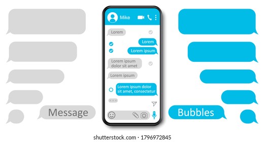 Set message template bubbles icons, dialogue, chatting sms. Social network chatting window in phone screen – stock vector