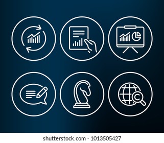 Set of Message, Update data and Presentation icons. Document, Marketing strategy and International Ð¡opyright signs. Speech bubble, Sales statistics, Board with charts. Vector
