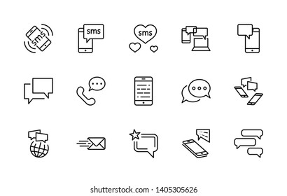 Set of Message Vector Line Free Icons. Contains such Icons as Conversation, SMS, Heart, Love Chats, Notification, Group Chat and more. Editable Stroke. 32x32 Pixel Perfect.