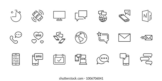 Set of Message Vector Line Icons. Contains such Icons as Conversation, SMS, Heart, Love Chats, Notification, Group Chat and more. Editable Stroke. 32x32 Pixel Perfect.