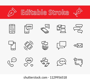 Set of Message Vector Line Icons. Contains such Icons as Conversation, SMS, Heart, Love Chats, Notification, Group Chat and more. Editable Stroke. 32x32 Pixel Perfect.