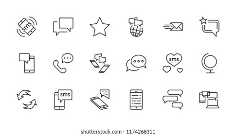 Set of Message Vector Line Icons. Contains such Icons as Conversation, SMS, Heart, Love Chats, Notification, Group Chat and more. Editable Stroke. 32x32 Pixel Perfect.