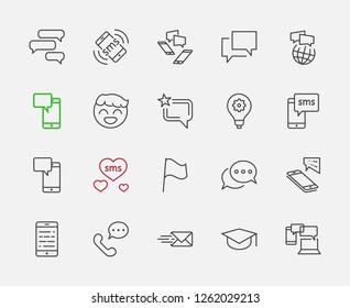 Set of Message Vector Line Icons. Contains such Icons as Conversation, SMS, Heart, Love Chats, Notification, Group Chat and more. Editable Stroke. 32x32 Pixel Perfect.