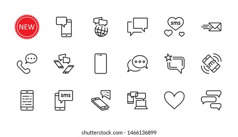 Set of Message Vector Line Icons. Contains such Icons as Conversation, SMS, Heart, Love Chats, Notification, Group Chat and more. Editable Stroke. 32x32 Pixel Perfect.