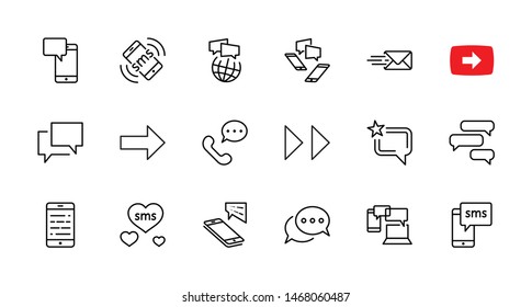 Set of Message Vector Line Icons. Contains such Icons as Conversation, SMS, Heart, Love Chats, Notification, Group Chat and more. Editable Stroke. 32x32 Pixel Perfect.