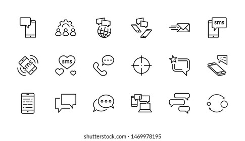 Set of Message Vector Line Icons. Contains such Icons as Conversation, SMS, Heart, Love Chats, Notification, Group Chat and more. Editable Stroke. 32x32 Pixel Perfect.