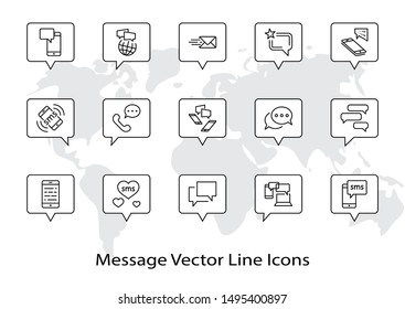 Set of Message Vector Line Icons. Contains such Icons as Conversation, SMS, Heart, Love Chats, Notification, Group Chat and more. Editable Stroke. 32x32 Pixel Perfect.
