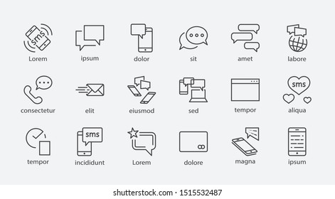 Set of Message Vector Line Icons. Contains such Icons as Conversation, SMS, Heart, Love Chats, Notification, Group Chat and more. Editable Stroke. 32x32 Pixel Perfect.