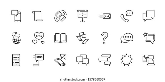 Set of Message Vector Line Icons. Contains such Icons as Conversation, SMS, Heart, Love Chats, Notification, Group Chat and more. Editable Stroke. 32x32 Pixel Perfect.