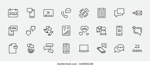 Set of Message Vector Line Icons. Contains such Icons as Conversation, SMS, Heart, Love Chats, Notification, Group Chat and more. Editable Stroke. 32x32 Pixels