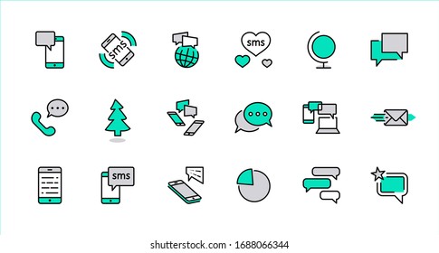 Set of Message Vector Line Icons. Contains such Icons as Conversation, SMS, Heart, Love Chats, Notification, Group Chat and more. Editable Stroke. 32x32 Pixel Perfect.