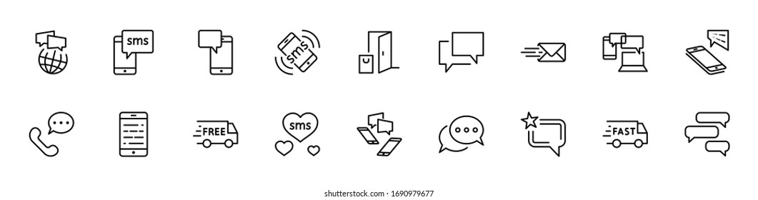 Set of Message Vector Line Icons. Contains such Icons as Conversation, SMS, Heart, Love Chats, Notification, Group Chat and more. Editable Stroke. 32x32 Pixels