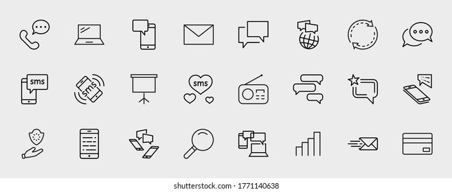 Set of Message Vector Line Icons. Contains such Icons as Conversation, SMS, Heart, Love Chats, Notification, Group Chat and more. Editable Stroke. 32x32 Pixels