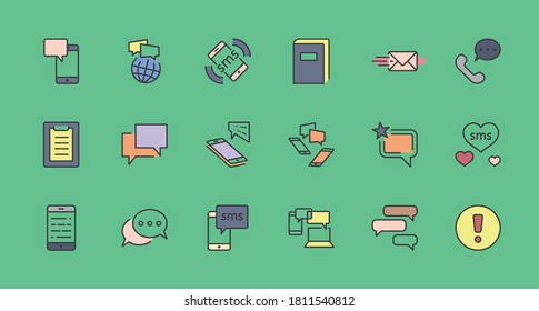 Conjunto de iconos de línea del vector de mensajes. Contiene íconos como Conversación, SMS, Corazón, Chats de Amor, Notificación, Chat en Grupo y más. Stroke editable. 32x32 Pixel Perfecto.