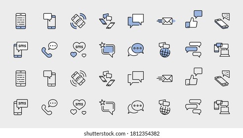 Conjunto de iconos de línea del vector de mensajes. Contiene íconos como Conversación, SMS, Corazón, Chats de Amor, Notificación, Chat en Grupo y más. Stroke editable. 32x32 Pixel Perfecto.