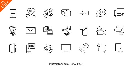 Set of Message Vector Line Icons. Contains such Icons as Conversation, SMS, Heart, Love Chats, Notification, Group Chat and more. Editable Stroke. 