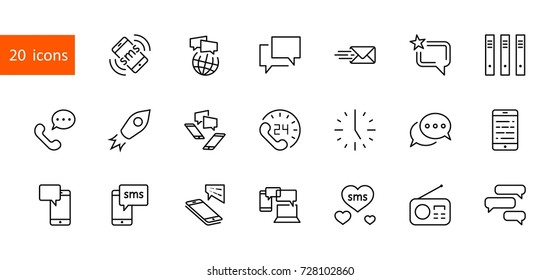Set of Message Vector Line Icons. Contains such Icons as Conversation, SMS, Heart, Love Chats, Notification, Group Chat and more. Editable Stroke. 32x32 Pixel Perfect.