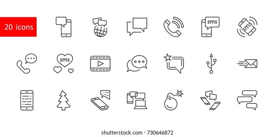 Set of Message Vector Line Icons. Contains such Icons as Conversation, SMS, Heart, Love Chats, Notification, Group Chat and more. Editable Stroke. 32x32 Pixel Perfect.