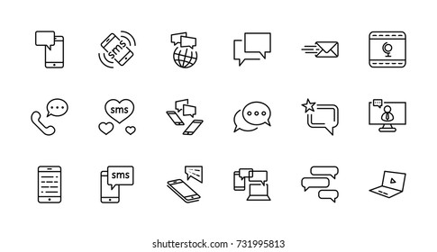 Set of Message Vector Line Icons. Contains such Icons as Conversation, SMS, Heart, Love Chats, Notification, Group Chat and more. Editable Stroke. 32x32 Pixel Perfect.