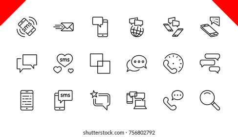 Set of Message Vector Line Icons. Contains such Icons as Conversation, SMS, Heart, Love Chats, Notification, Group Chat and more. Editable Stroke. 32x32 Pixel Perfect.