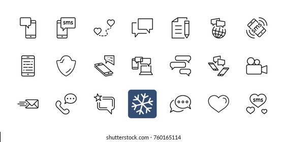 Set of Message Vector Line Icons. Contains such Icons as Conversation, SMS, Heart, Love Chats, Notification, Group Chat and more. Editable Stroke. 32x32 Pixel Perfect.