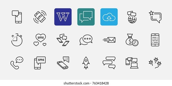 Set of Message Vector Line Icons. Contains such Icons as Conversation, SMS, Heart, Love Chats, Notification, Group Chat and more. Editable Stroke. 32x32 Pixel Perfect.