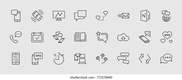 Set of Message Vector Line Icons. Contains such Icons as Conversation, SMS, Heart, Love Chats, Notification, Group Chat and more. Editable Stroke. 32x32 Pixel Perfect.