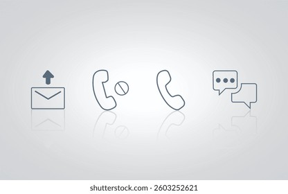 Set of messages, call icons, chat signs, outlined with a silver background