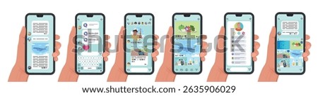 Set Messenger chat with avatars messages and reactions on the phone. Hands holding a phone with messenger chat interface. dialing a phone with messenger chat interface. Vector illustration in flat sty