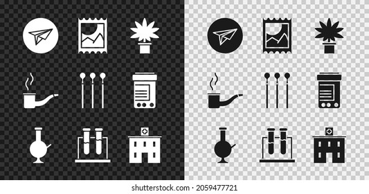 Set Messenger, LSD acid mark, Marijuana or cannabis plant in pot, Glass bong for smoking marijuana, Test tube and flask, Medical hospital building, Smoking pipe and Matches icon. Vector